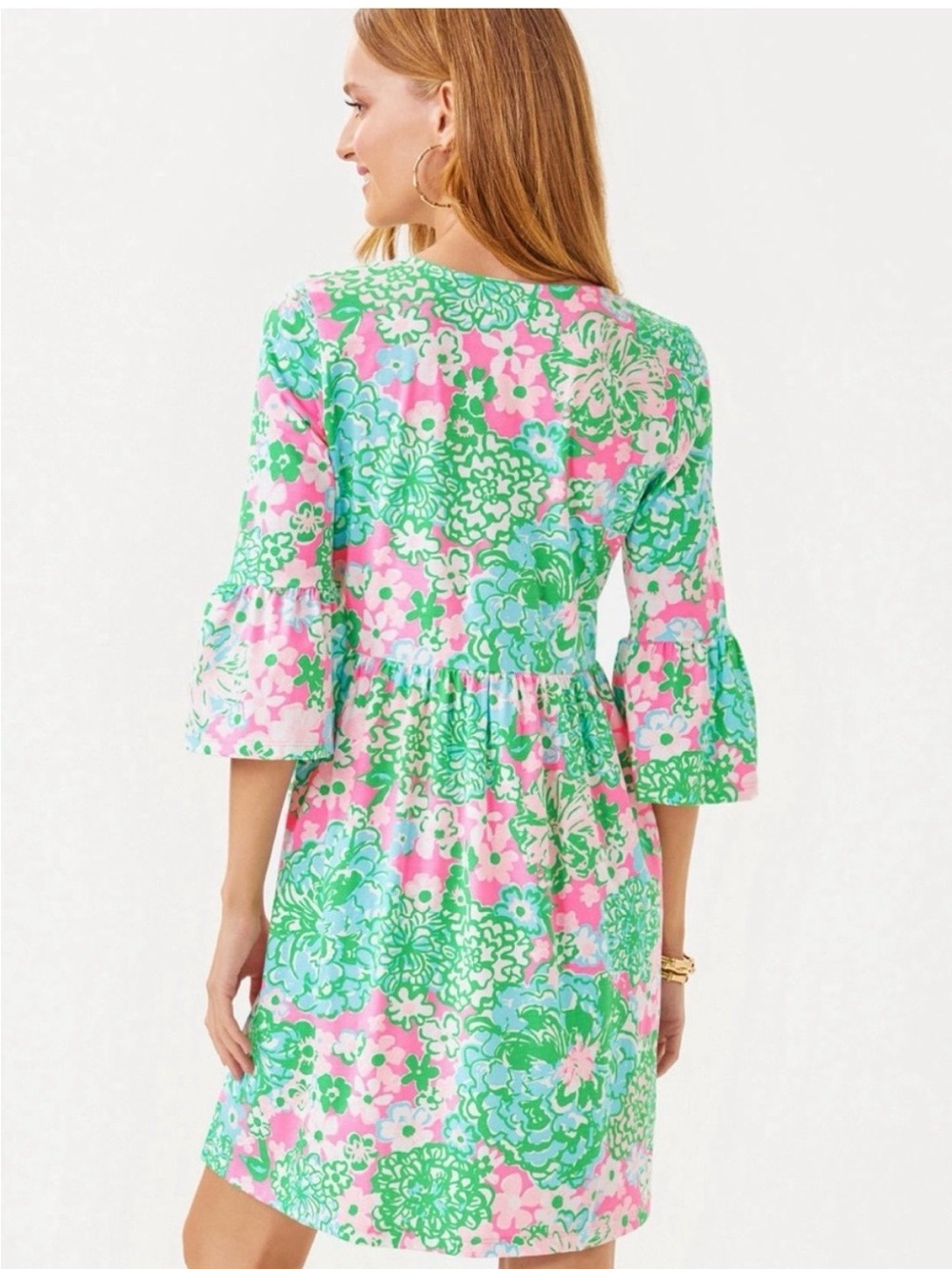 Lilly Pulitzer Pink, Green & Light Blue Floral V-Neck Dress - Picture 3 of 7